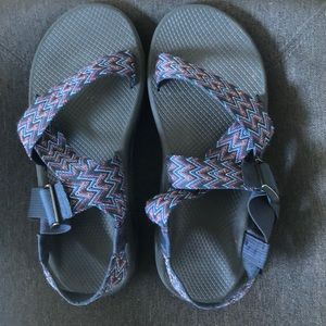 Men Chaco size 11, black/red/blue straps.